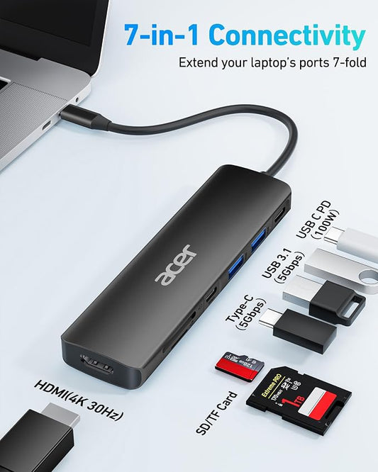 Acer USB C Hub, 7 in 1 USB C to HDMI Dock, 2 USB 3.1 GEN1 and 5Gbps Type-C Data - Image 2