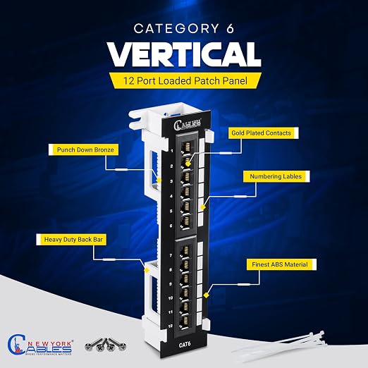 NewYork Cables 12 Port Vertical Cat6 Patch Panel – 10Gb Ethernet, 1U Wall Mount - Image 2