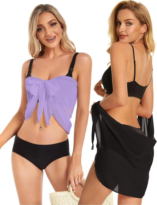 CHICGAL 2 Pieces Women Beach Sarong Bathing Suit Wrap Skirt Sheer Bikini - Image 2