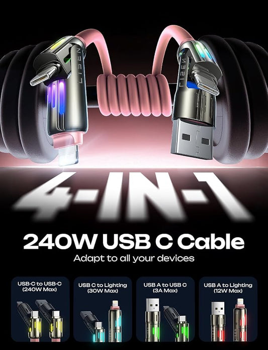 LISEN Pink iPhone Charger Cable, 240W Chubby USB C, 4 in 1 Charging Cable - Image 2