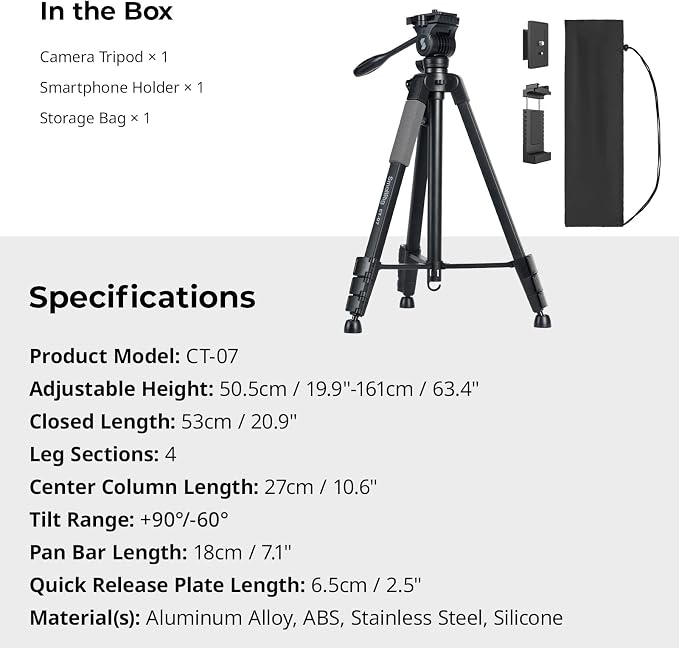 SmallRig CT-07 Aluminum Camera Tripod Stand, 63.4" Travel Tripod - Image 8