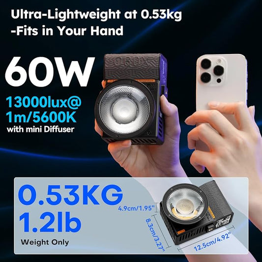 SIRUI C60X 60W Portable Photography Light, Ultra-Quiet 24.9dB & 0.53KG Compact - Image 2