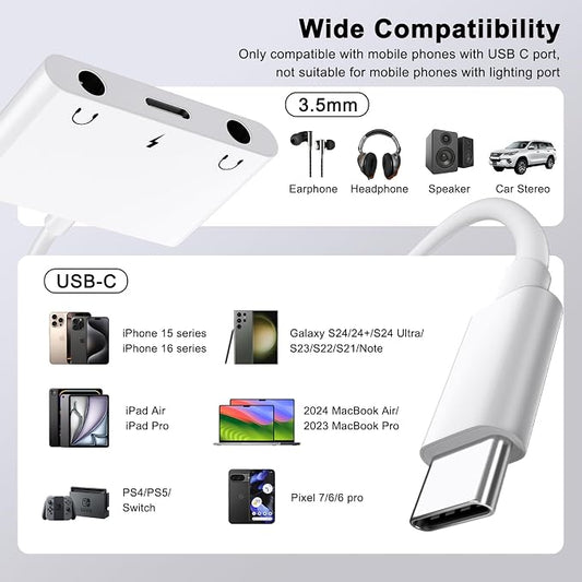 USB C to 3.5mm Audio Adapter, 3 in 1 Aux to USB C Headphone Splitter Dual 3.5mm - Image 2