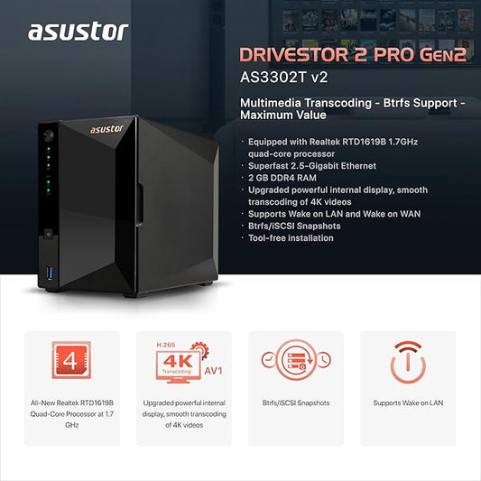 Asustor Drivestor 2 Pro Gen2 AS3302T v2, 2 Bay NAS, 1.7GHz Quad-Core, 2.5GbE - Image 2