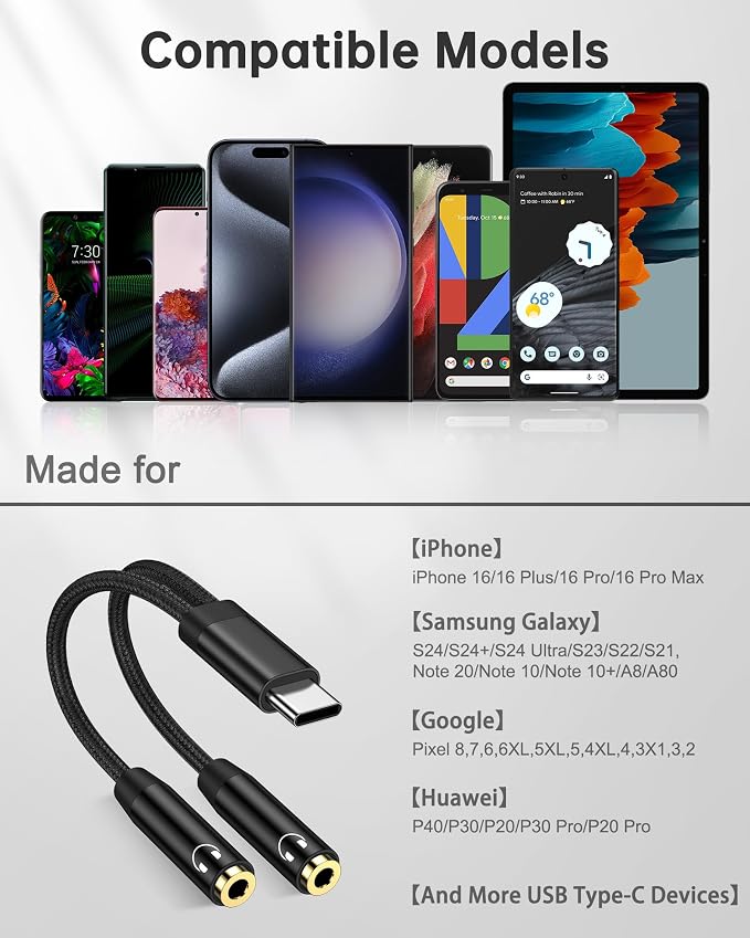 Headphone Splitter for 2 Headphones, USB C to Dual 3.5mm Female Aux Splitters - Image 7