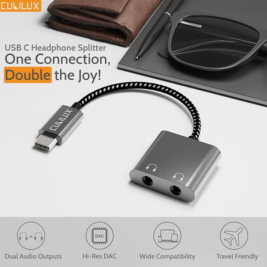 Cubilux USB C Double Headphone Splitter, Type C to Dual 3.5mm Jacks Audio - Image 2