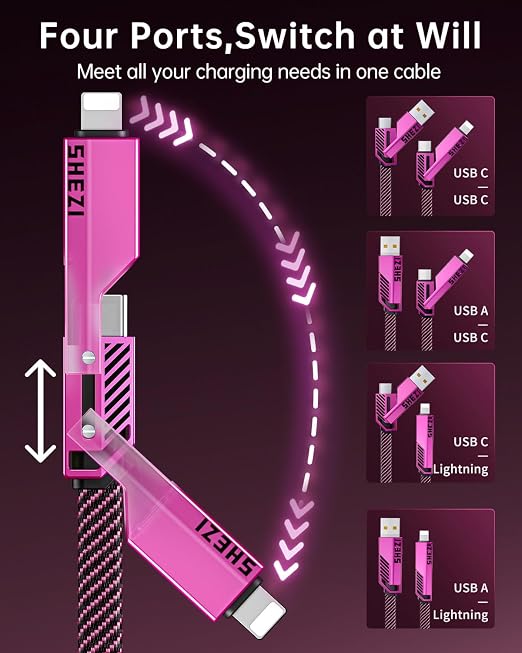 SHEZI 4-in-1 USB C Cable 60W 10FT Fast Charging Flat Nylon Braided Charger Cord - Image 2