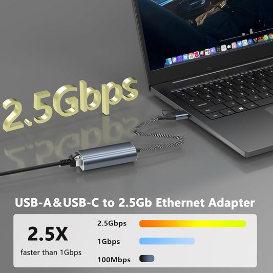 USB to Ethernet Adapter 2.5Gb, Dual-Connector 2 in 1 USBA&USBC to 2.5 Gigabit - Image 2