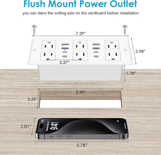30W Recessed Power Strip USB C, Desk Flush Mount Outlet Plug in 6 AC & 8 USB - Image 2