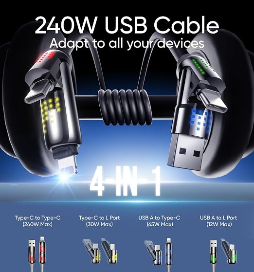 MAGIC JOHN 240W 4 in 1 Charging Cable, 6.6FT USB C to Lightning Cable, Chubby - Image 2