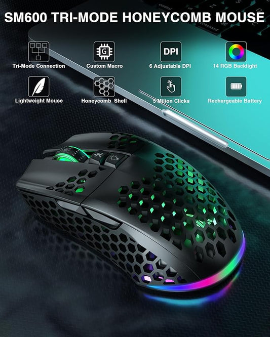 SM600 Honeycomb Shell Gaming Mouse Wireless, 8000 DPI Tri-Modes BT5.1/2.4G - Image 2