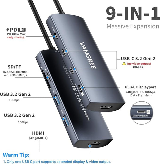 USB C Video Output Hub, 3 USB-C & 2 USB-A 3.2 10Gbps Ports, 4K@60Hz HDMI - Image 2