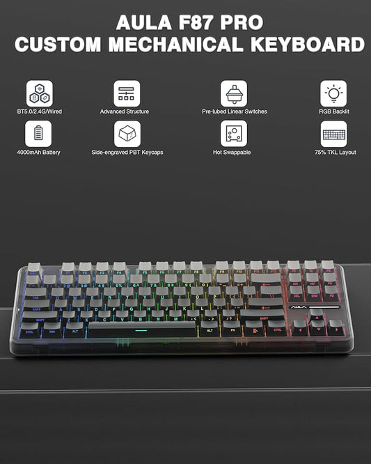AULA F87 Pro Wireless Mechanical Keyboard, Tri-Mode BT5.0/2.4GHz/USB-C Hot - Image 2