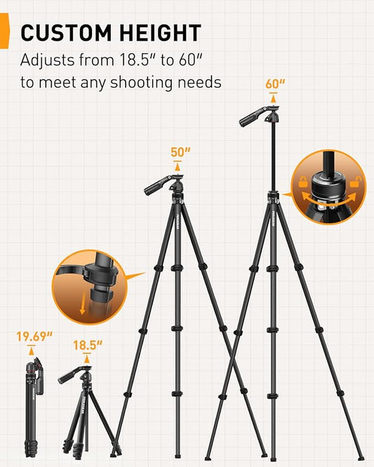 Perlegear Camera Tripod, 60″ Portable and Height-Adjustable, Travel Tripod - Image 2