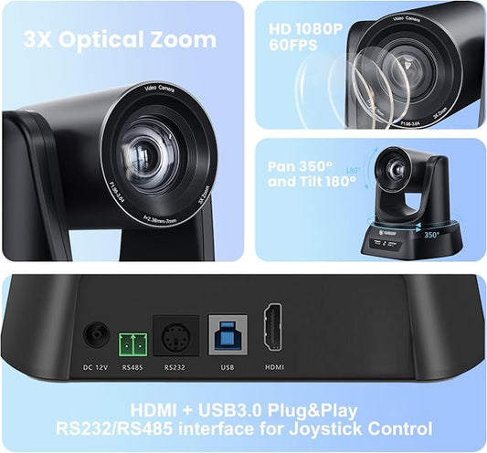 TONGVEO 3X Optical Zoom PTZ Camera HDMI USB 3.0 1080P 60fps 114-Degree - Image 2