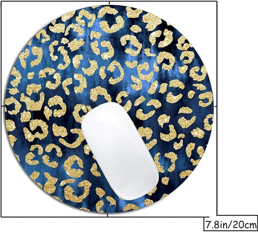 Leopard Gold Watercolor Navy Blue Mouse Pad Round Non-Slip Rubber Mousepad - Image 2