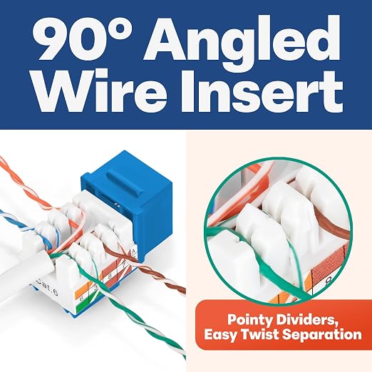 Everest 90° Angled RJ45 Cat6 Keystone Jacks 100-Pack in Blue - Image 2
