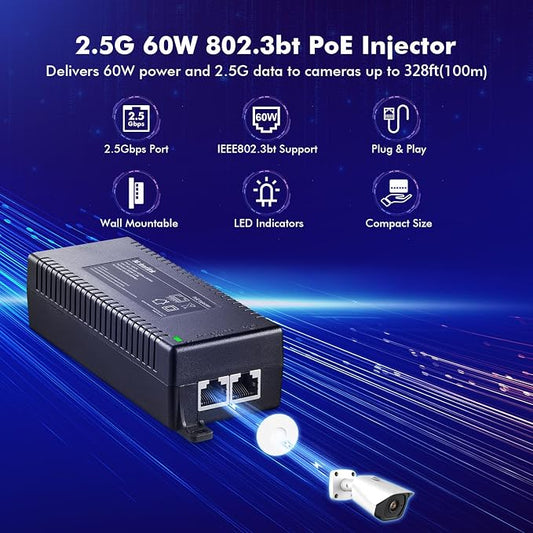 MokerLink 2.5 Gigabit PoE Injector, 802.3af/at/bt 60W, 2.5G/1G/100M Ethernet - Image 2