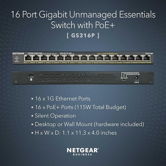 NETGEAR 16-Port PoE+ Gigabit Ethernet Unmanaged Essentials Switch - - Image 2