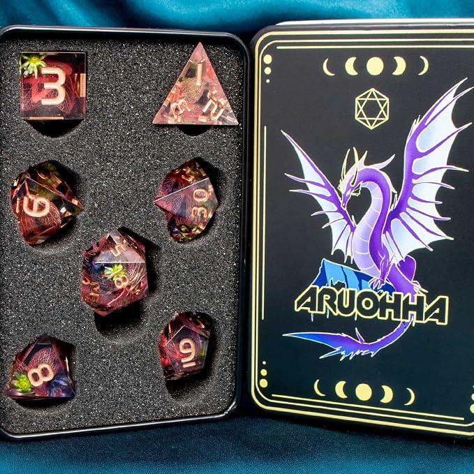 ARUOHHA DND Resin Dice Translucent Pink Leaf Sharp Edged Dragons Dice Set - Image 7