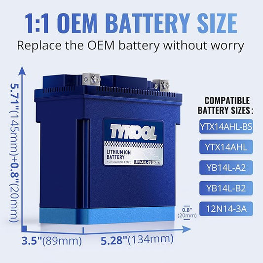 TYKOOL YTX14AHL-BS LiFePO4 Lithium Motorcycle Battery, 12.8V 8Ah, Digital - Image 2