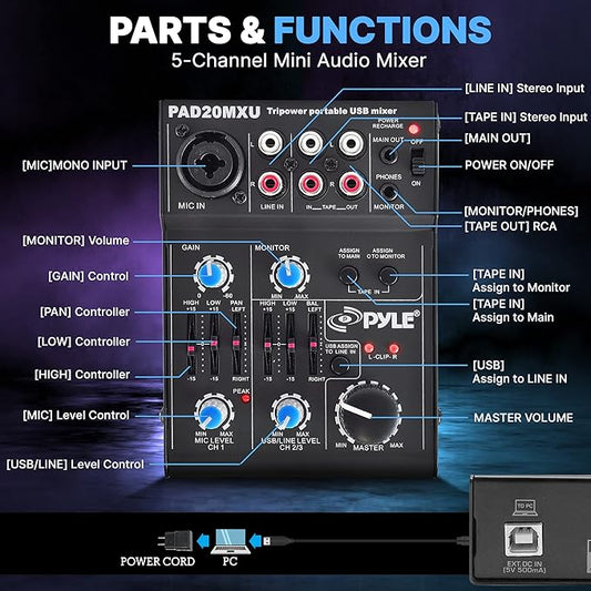 Pyle 5-Channel Professional Audio Mixer DJ Sound Board – Compact Music Mixer - Image 2