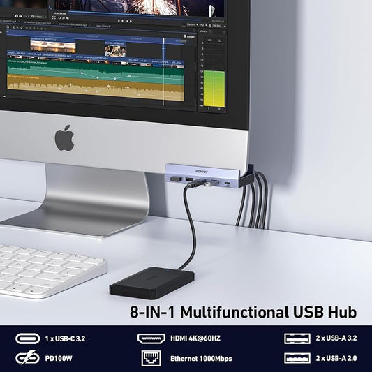 BENFEI 8-in-1 USB C Hub with Secure Clamp – Features 4K@60Hz HDMI, Gigabit - Image 2
