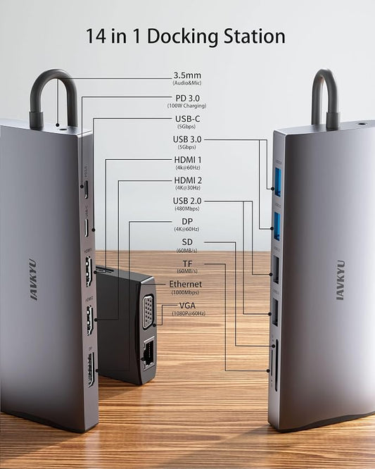 USB C Docking Station 4 Monitor, 14 in 1 Laptop Docking Station 3 Monitor Quad - Image 2