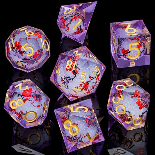 ARUOHHA DND Resin Dice Plum Blossom Liquid Core Golden Purple Sharp Edged - Image 2