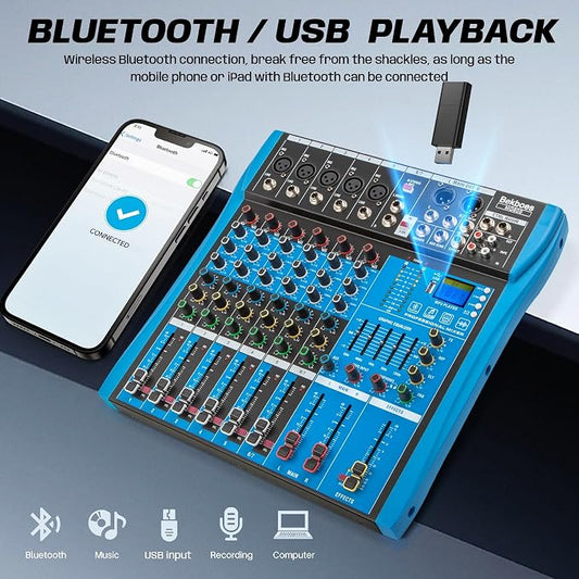 Professional Audio Mixer, 6 Channel, Input 48V Phantom Power Stereo Digital USB - Image 2