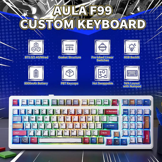 x Aula F99 Wireless Gaming Keyboard, RGB Backlit, Tri-Mode BT5.0/2.4GHz/USB-C - Image 2