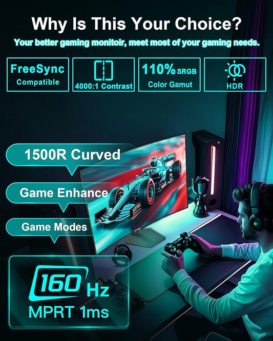 SANSUI 27 Inch Curved 160Hz Gaming Monitor, 1500R Curved Computer Gaming - Image 2