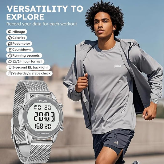 Men's Pedometer Watch with Stainless Steel Bracelet, Step Counter Watch No App - Image 2