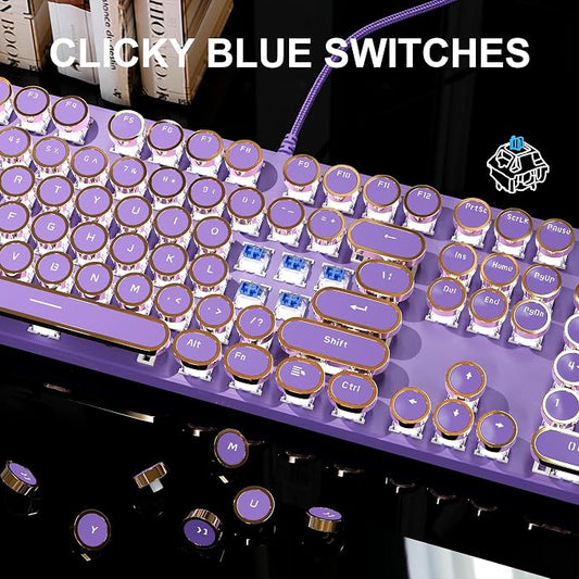 MageGee Typewriter Mechanical Gaming Keyboard, Retro Punk Purple Round Keycaps - Image 2