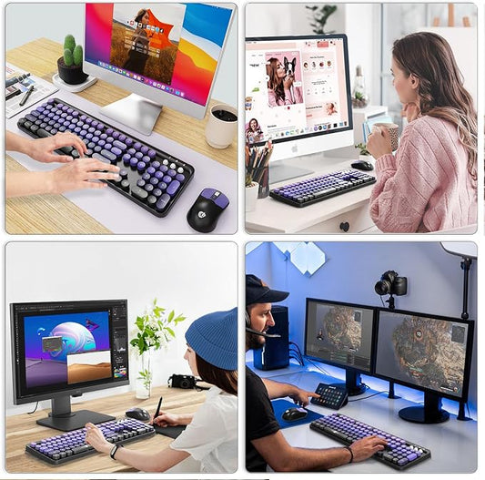 Wireless Keyboard and Mouse Combo, 104 Round Keys Cute Colorful Keyboard and - Image 2