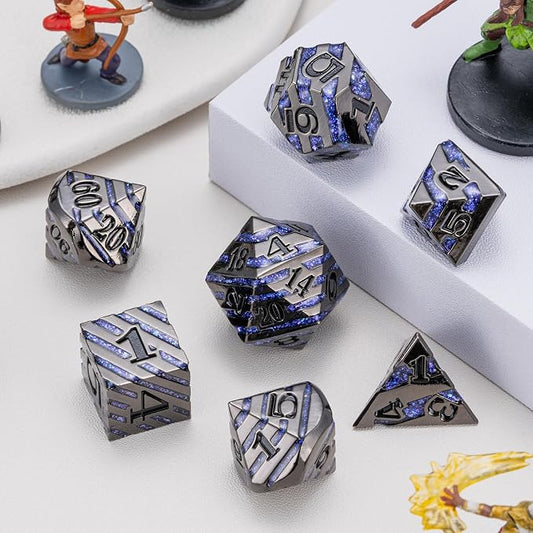 Anitque Metal Dice D&D, Metal Glitter Stripe Dice 7pcs Set - Image 2