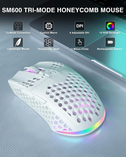 SM600 White Wireless Gaming Mouse, 8000 DPI Tri-Modes BT5.1/Type-C Wired/2.4G - Image 2