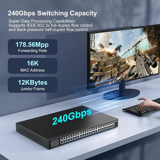 48-Port 2.5G Switch Unmanaged, 48 x 10/100/1000/2500Mbps RJ45 Ports, Plug & - Image 2