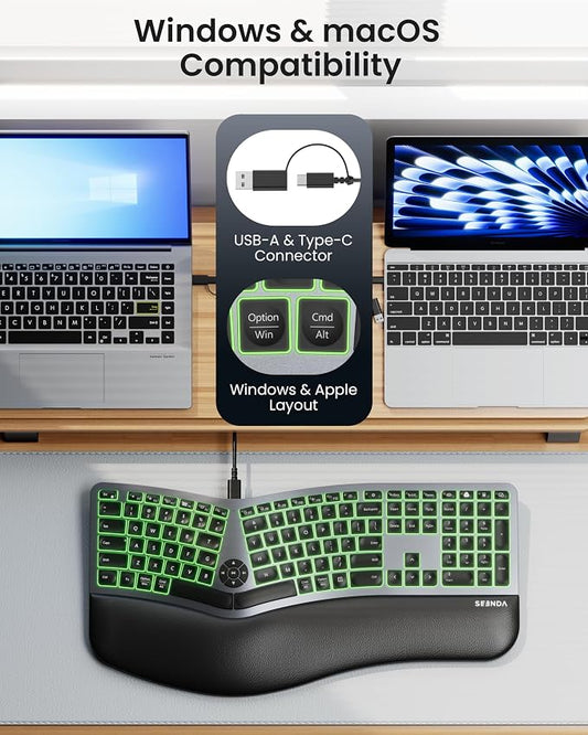 seenda 7-Color Backlit Wired Ergonomic Keyboard, KUW01 USB & Type-C Wired Split - Image 2