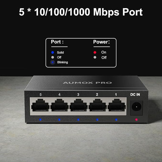 5 Port Gigabit Unmanaged Ethernet Switch, AUMOX PRO Home Network Hub, Office - Image 2