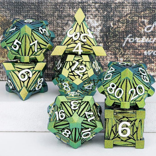 7PCS Metal DND Dice Set with Box, Debris RPG Green Yellow D and D Dice - Image 2