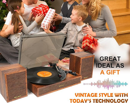 Vinyl Record Player with External Speakers, 3 Speed Bluetooth Turntable - Image 2