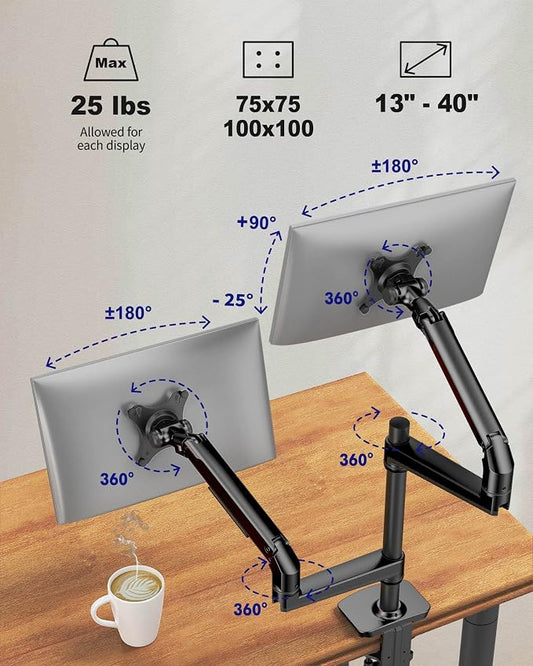 Dual Monitor Mount, Holds Screens up to 40 Inches and 25 lbs, Fully Adjustable - Image 2