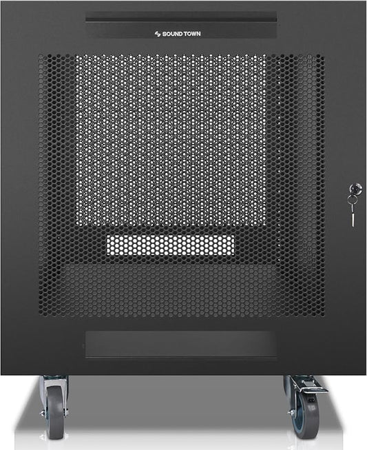 Sound Town 12U Universal Steel Rack, w/Mesh Doors, Locking Casters, Vented Side - Image 2