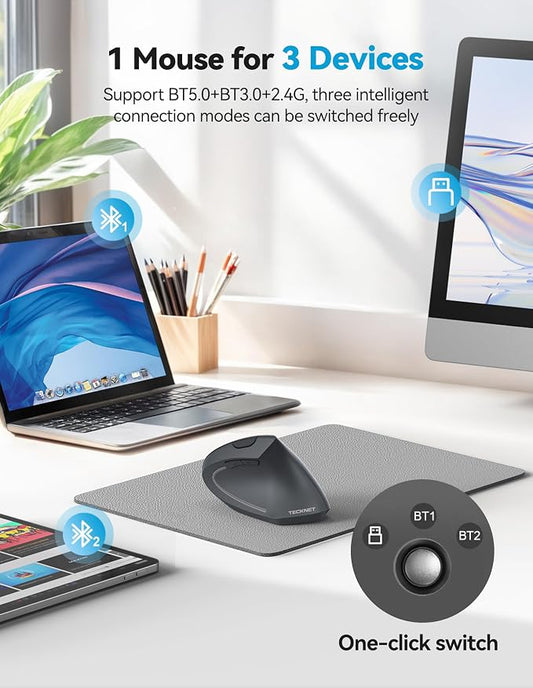 TECKNET Ergonomic Mouse, Rechargeable 2.4G+Bluetooth Vertical Mice 6 DPI - Image 2