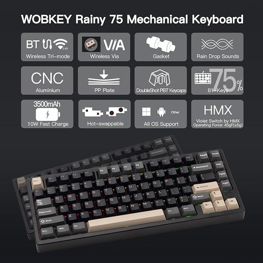 KEEBMONKEY WOBKEY Rainy 75 CNC Aluminum HMX/JWK/Cocoa Switches Triple-Mode - Image 2