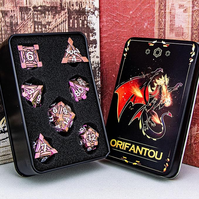 7PCS Metal DND Dice Set with Box, Debris RPG Red D and D Dice - Image 6