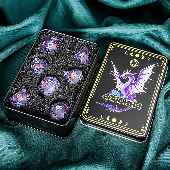 ARUOHHA DND Resin Dice Plum Blossom Liquid Core Silver Purple Sharp Edged - Image 6