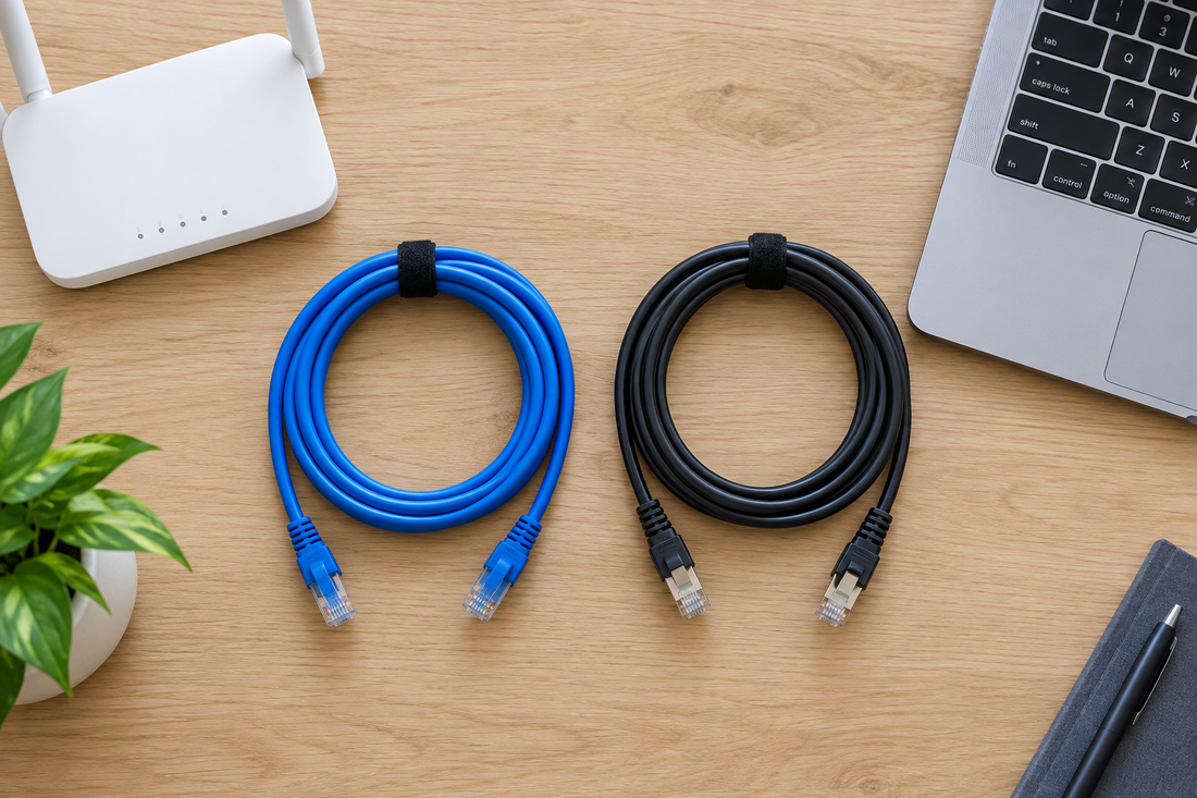 Flat lay of Cat 6 and Cat 7 Ethernet cables with RJ45 connectors on a desk
