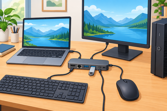 Cartoon illustration of a laptop and desktop connected to a USB hub and accessories